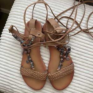 Flydor Tan Roman Style Sandals With Ankle Ties From Italy